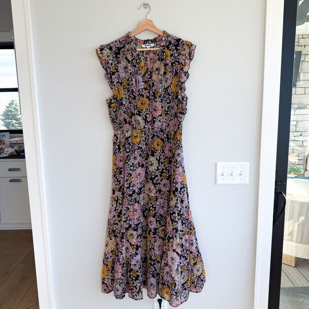 BB Dakota Floral Flutter Sleeve Midi Dress Black PInk Yellow L